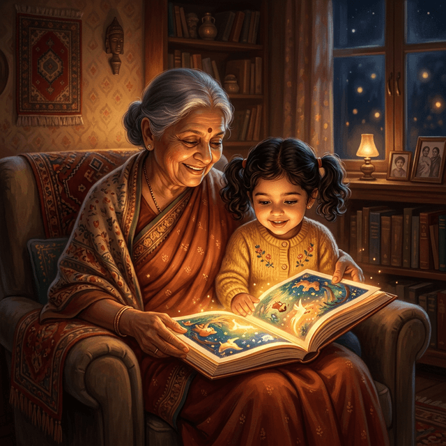 A child and grandmother reading a magical story together
